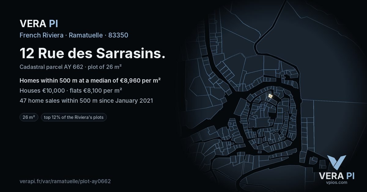 12 Rue des Sarrasins, Ramatuelle at night – the plot lit, the parcels around coloured by the prices near them