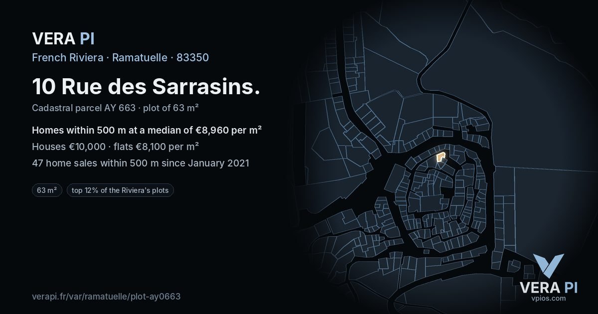 10 Rue des Sarrasins, Ramatuelle at night – the plot lit, the parcels around coloured by the prices near them