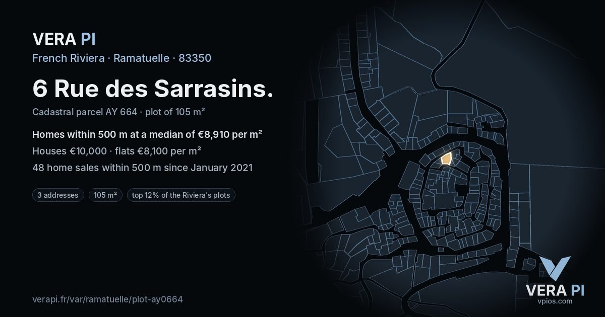 6 Rue des Sarrasins, Ramatuelle at night – the plot lit, the parcels around coloured by the prices near them