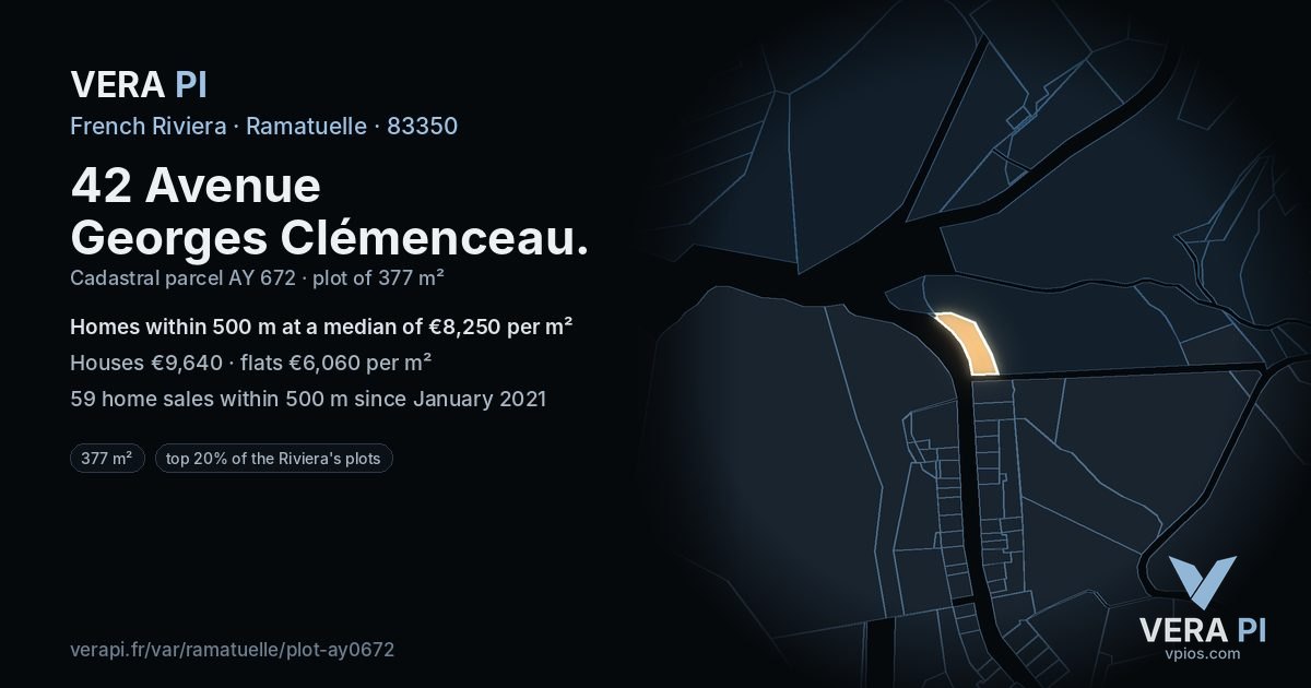 42 Avenue Georges Clémenceau, Ramatuelle at night – the plot lit, the parcels around coloured by the prices near them