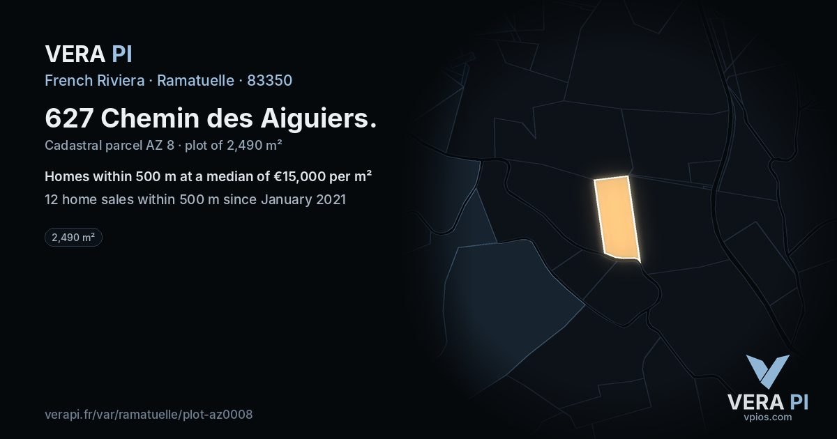 627 Chemin des Aiguiers, Ramatuelle at night – the plot lit, the parcels around coloured by the prices near them