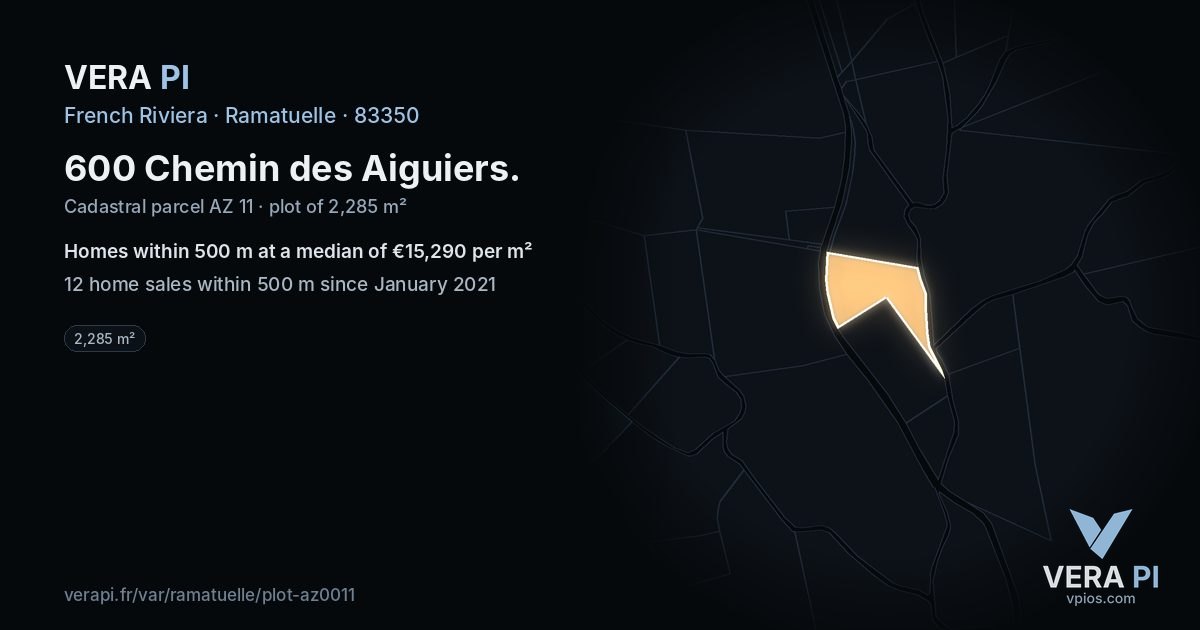 600 Chemin des Aiguiers, Ramatuelle at night – the plot lit, the parcels around coloured by the prices near them