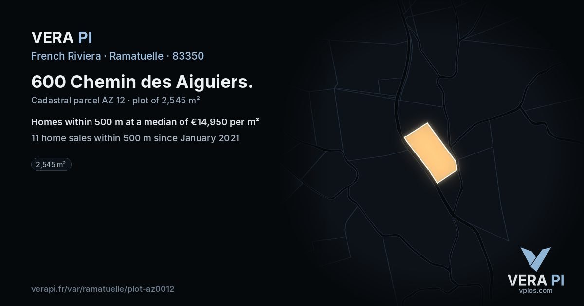 600 Chemin des Aiguiers, Ramatuelle at night – the plot lit, the parcels around coloured by the prices near them
