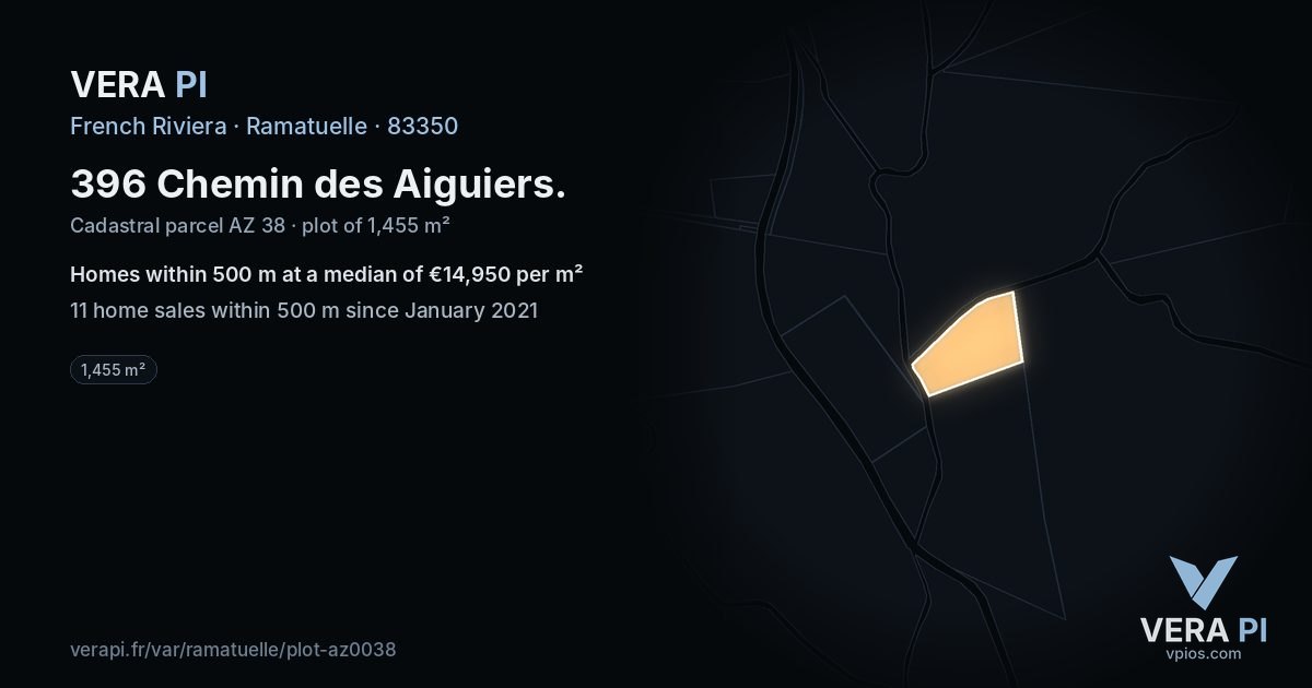 396 Chemin des Aiguiers, Ramatuelle at night – the plot lit, the parcels around coloured by the prices near them