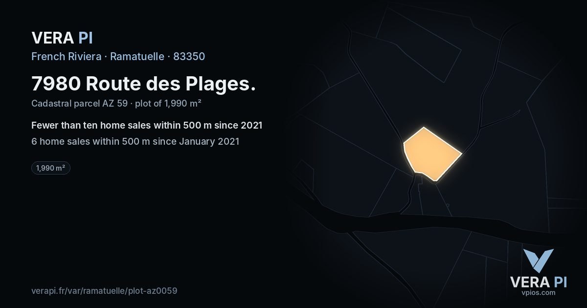 7980 Route des Plages, Ramatuelle at night – the plot lit, the parcels around coloured by the prices near them