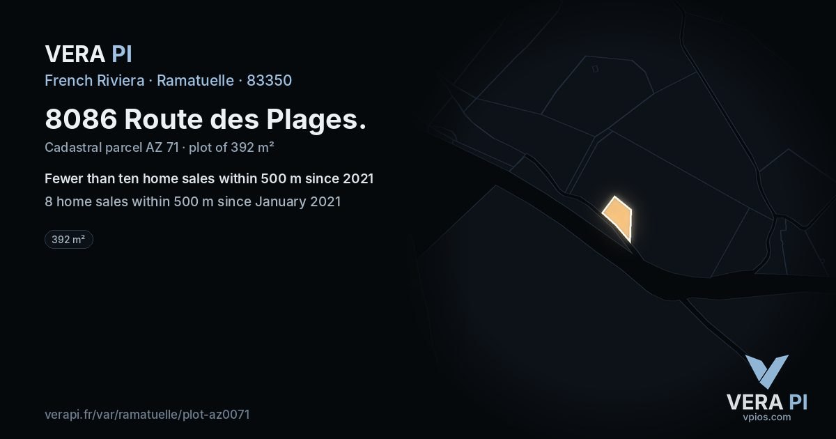 8086 Route des Plages, Ramatuelle at night – the plot lit, the parcels around coloured by the prices near them