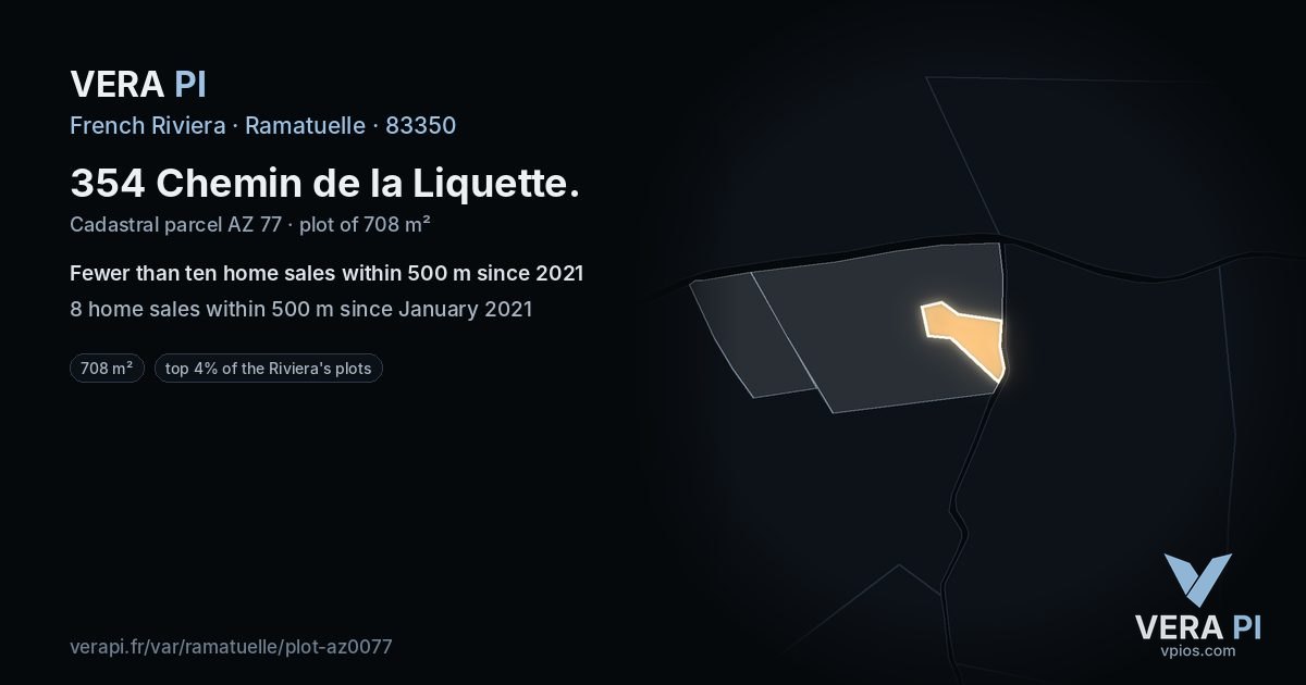 354 Chemin de la Liquette, Ramatuelle at night – the plot lit, the parcels around coloured by the prices near them