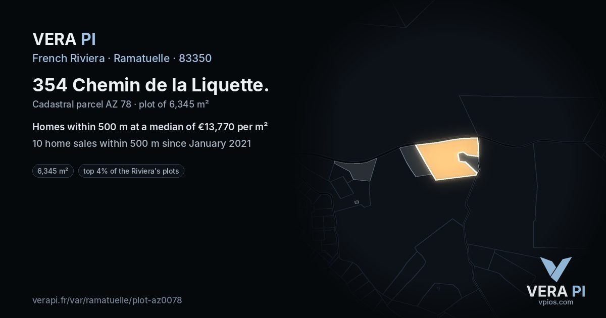 354 Chemin de la Liquette, Ramatuelle at night – the plot lit, the parcels around coloured by the prices near them
