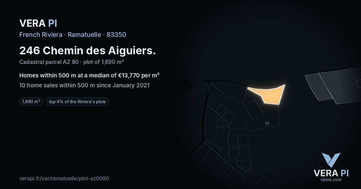 246 Chemin des Aiguiers, Ramatuelle at night – the plot lit, the parcels around coloured by the prices near them