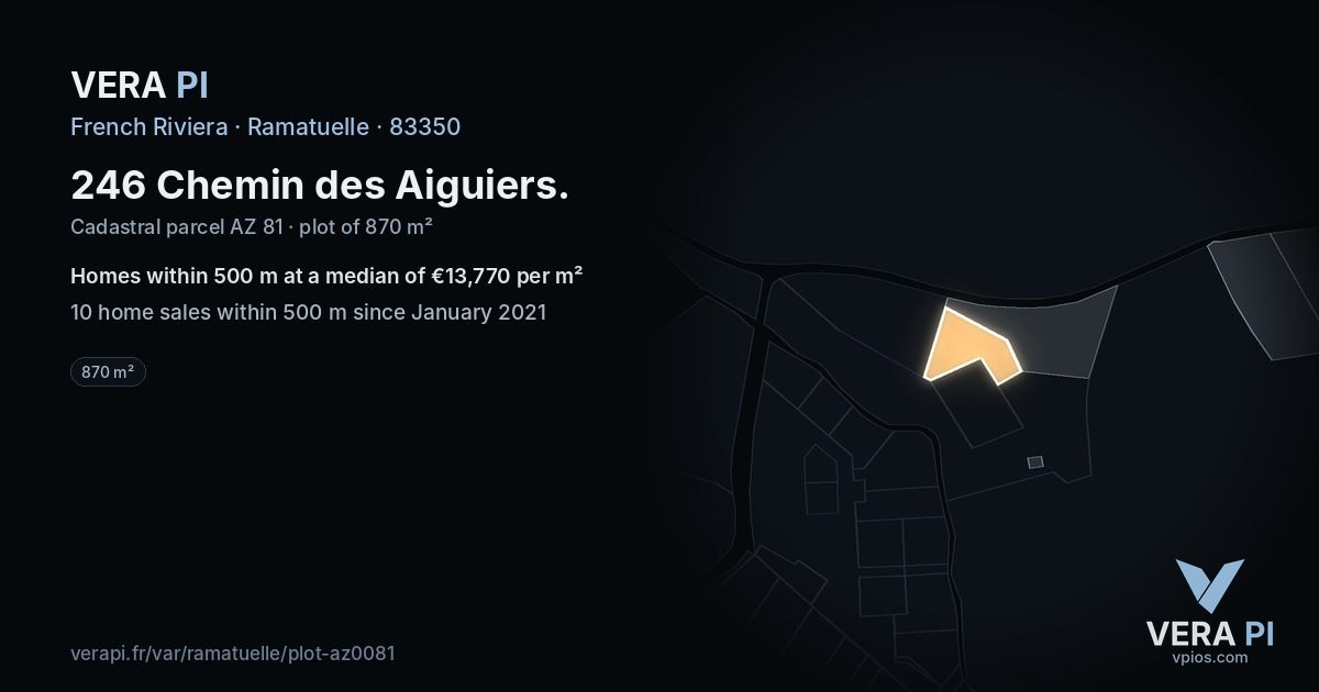 246 Chemin des Aiguiers, Ramatuelle at night – the plot lit, the parcels around coloured by the prices near them