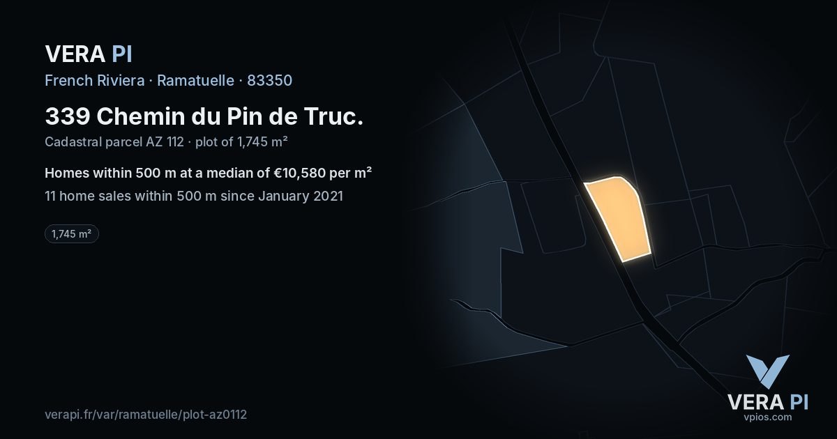 339 Chemin du Pin de Truc, Ramatuelle at night – the plot lit, the parcels around coloured by the prices near them