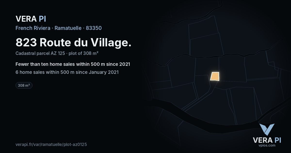 823 Route du Village, Ramatuelle at night – the plot lit, the parcels around coloured by the prices near them