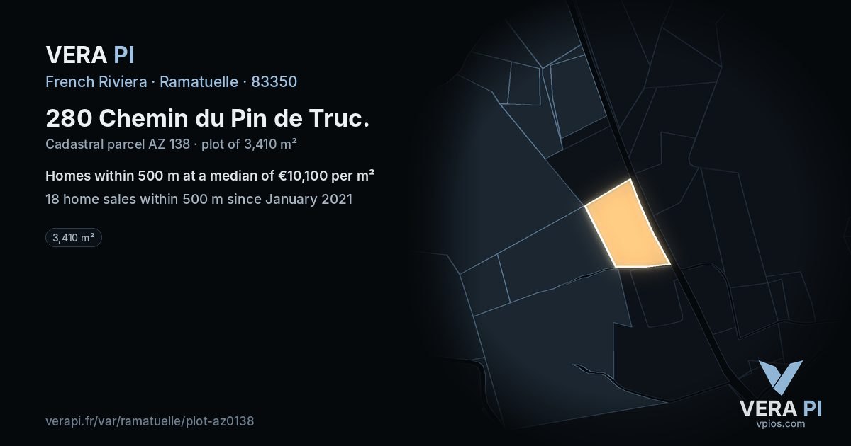 280 Chemin du Pin de Truc, Ramatuelle at night – the plot lit, the parcels around coloured by the prices near them