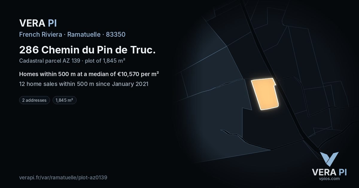 286 Chemin du Pin de Truc, Ramatuelle at night – the plot lit, the parcels around coloured by the prices near them