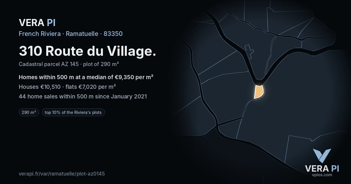 310 Route du Village, Ramatuelle at night – the plot lit, the parcels around coloured by the prices near them