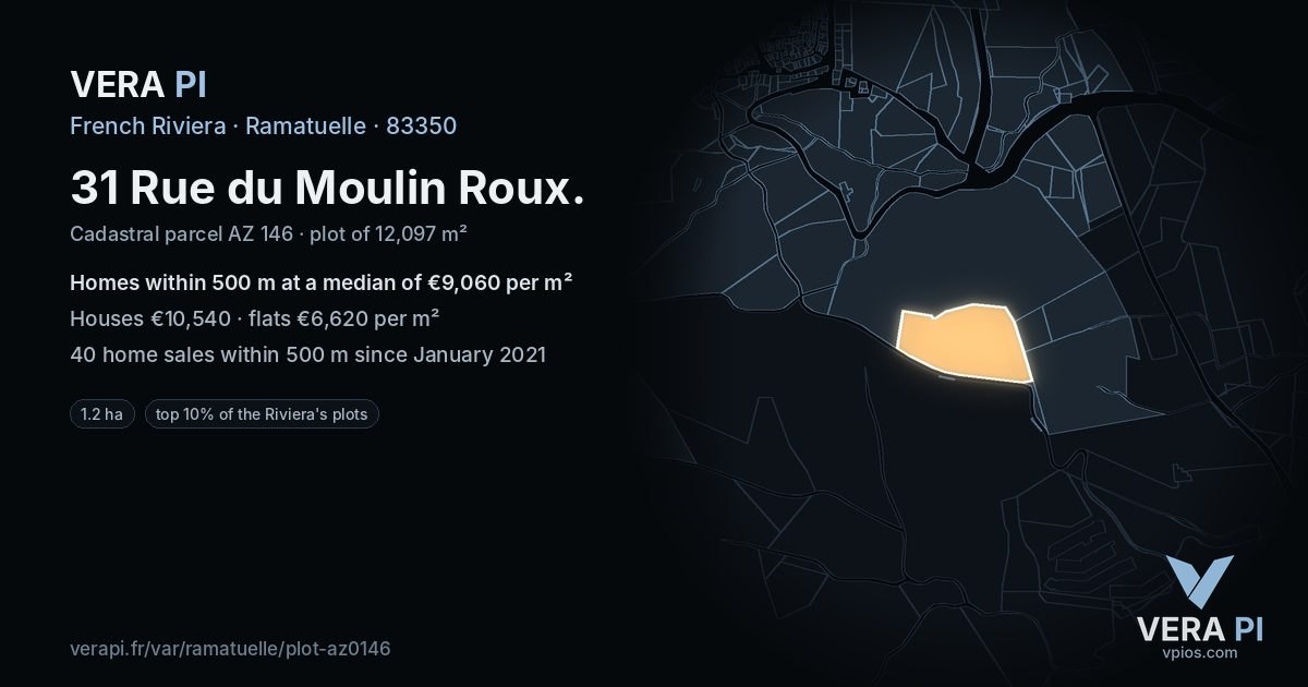 31 Rue du Moulin Roux, Ramatuelle at night – the plot lit, the parcels around coloured by the prices near them