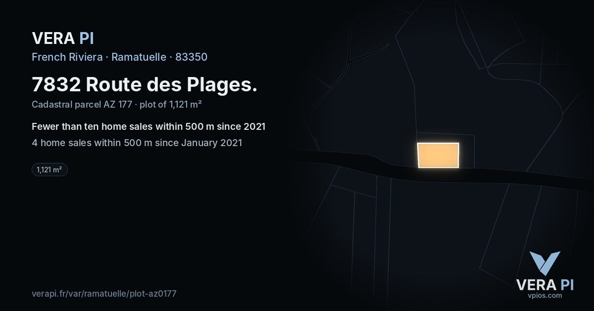 7832 Route des Plages, Ramatuelle at night – the plot lit, the parcels around coloured by the prices near them