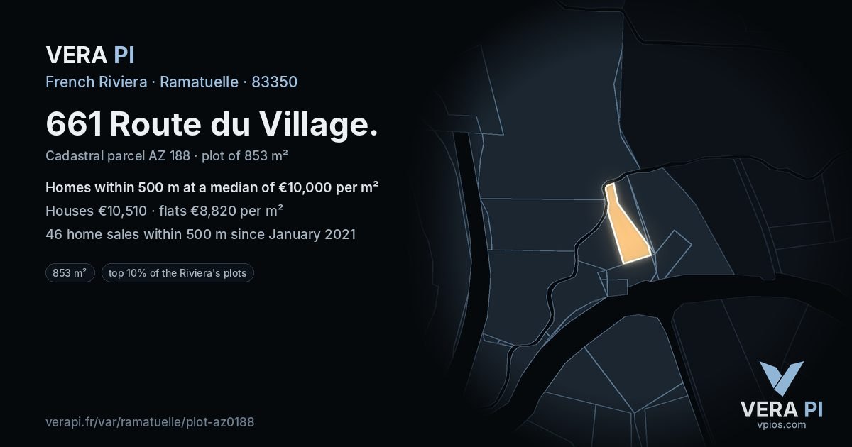 661 Route du Village, Ramatuelle at night – the plot lit, the parcels around coloured by the prices near them