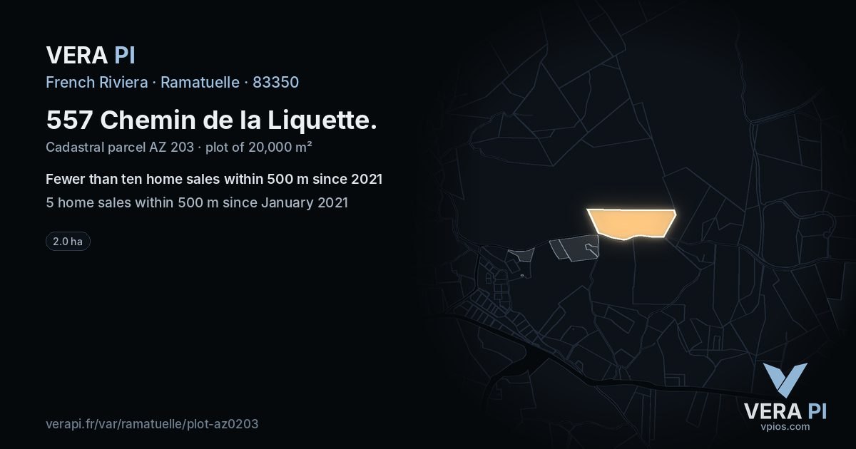 557 Chemin de la Liquette, Ramatuelle at night – the plot lit, the parcels around coloured by the prices near them