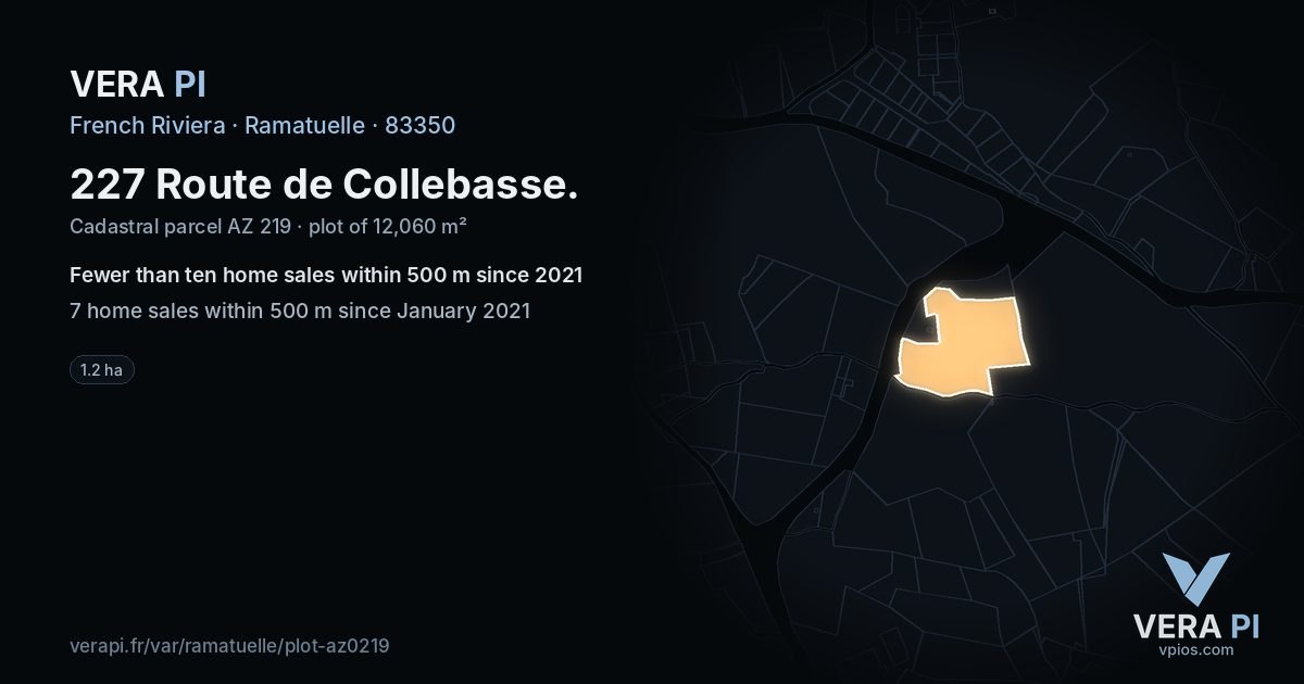 227 Route de Collebasse, Ramatuelle at night – the plot lit, the parcels around coloured by the prices near them
