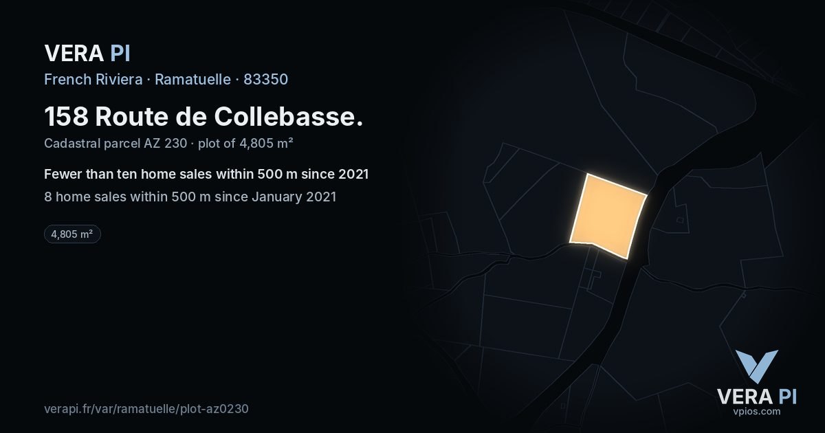 158 Route de Collebasse, Ramatuelle at night – the plot lit, the parcels around coloured by the prices near them