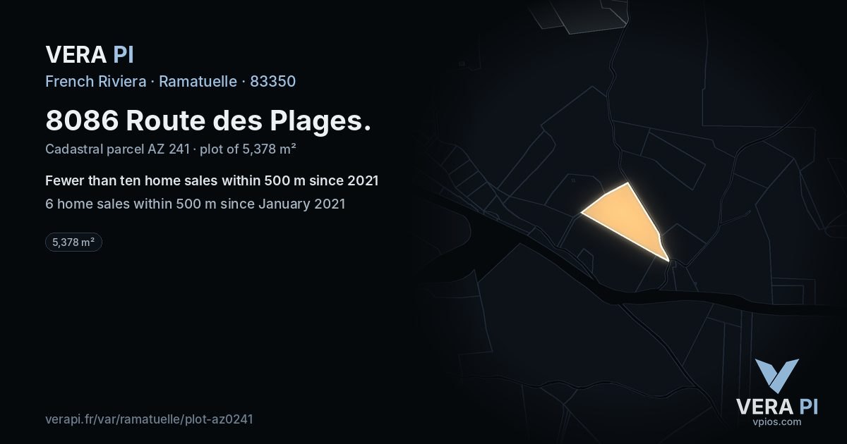 8086 Route des Plages, Ramatuelle at night – the plot lit, the parcels around coloured by the prices near them