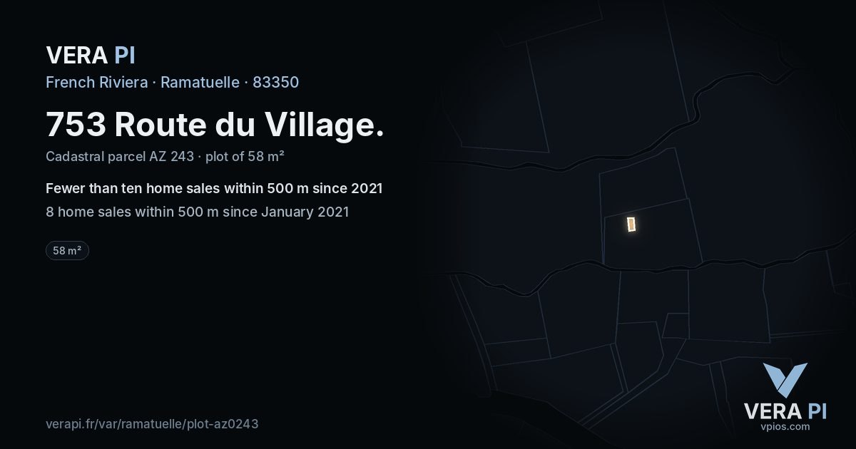 753 Route du Village, Ramatuelle at night – the plot lit, the parcels around coloured by the prices near them