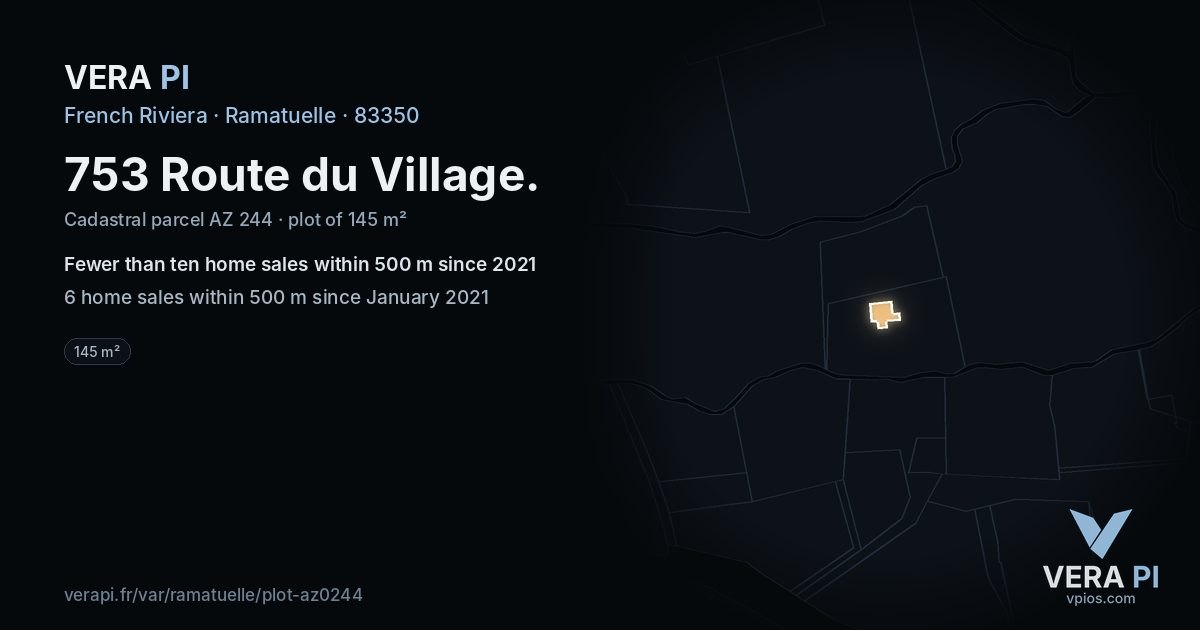 753 Route du Village, Ramatuelle at night – the plot lit, the parcels around coloured by the prices near them