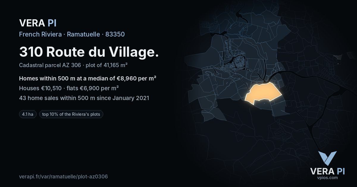 310 Route du Village, Ramatuelle at night – the plot lit, the parcels around coloured by the prices near them