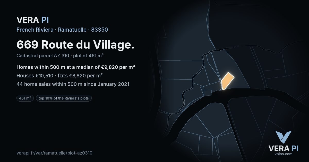 669 Route du Village, Ramatuelle at night – the plot lit, the parcels around coloured by the prices near them