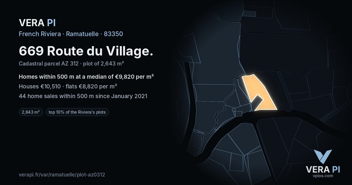 669 Route du Village, Ramatuelle at night – the plot lit, the parcels around coloured by the prices near them
