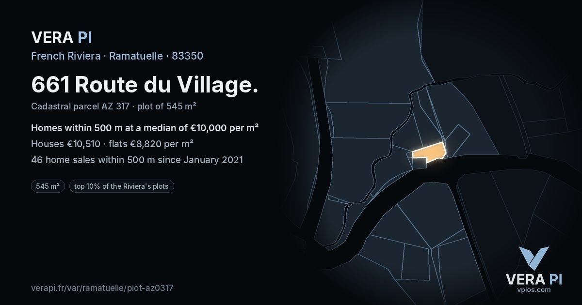 661 Route du Village, Ramatuelle at night – the plot lit, the parcels around coloured by the prices near them