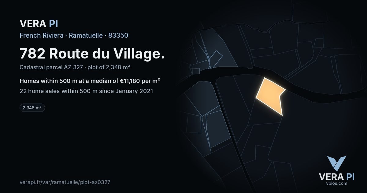 782 Route du Village, Ramatuelle at night – the plot lit, the parcels around coloured by the prices near them
