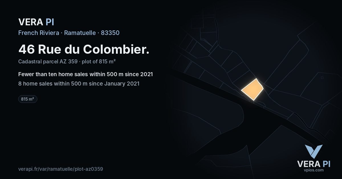 46 Rue du Colombier, Ramatuelle at night – the plot lit, the parcels around coloured by the prices near them