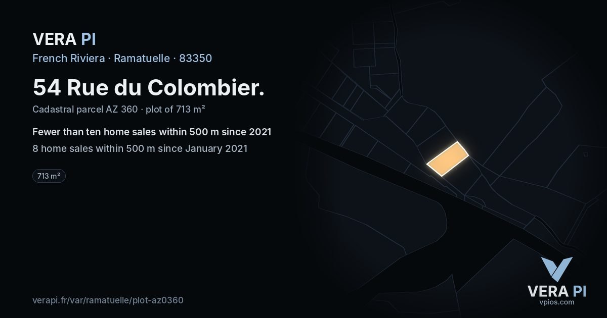 54 Rue du Colombier, Ramatuelle at night – the plot lit, the parcels around coloured by the prices near them