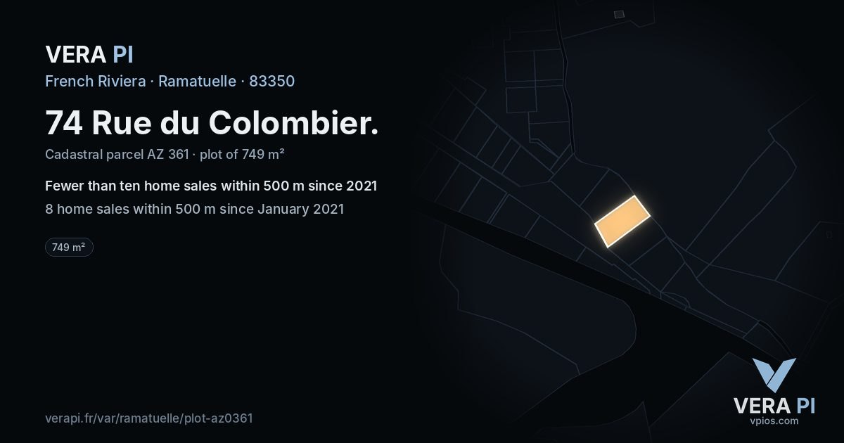 74 Rue du Colombier, Ramatuelle at night – the plot lit, the parcels around coloured by the prices near them