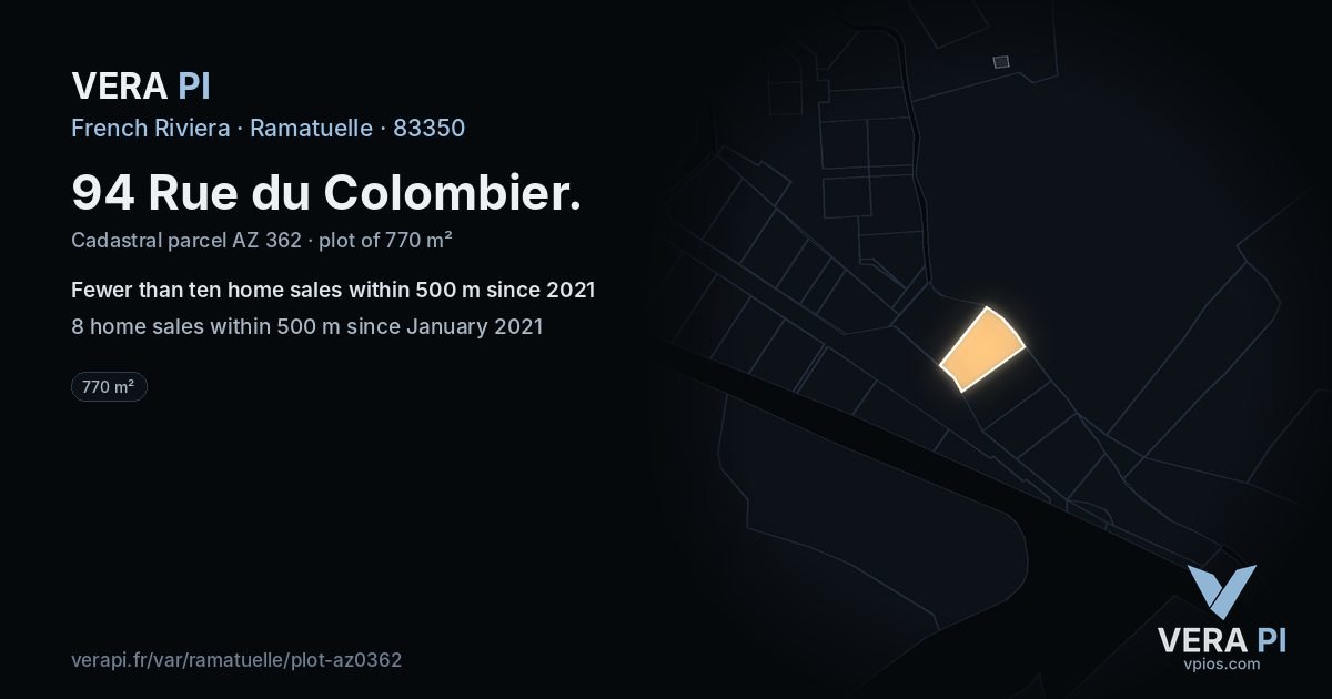94 Rue du Colombier, Ramatuelle at night – the plot lit, the parcels around coloured by the prices near them