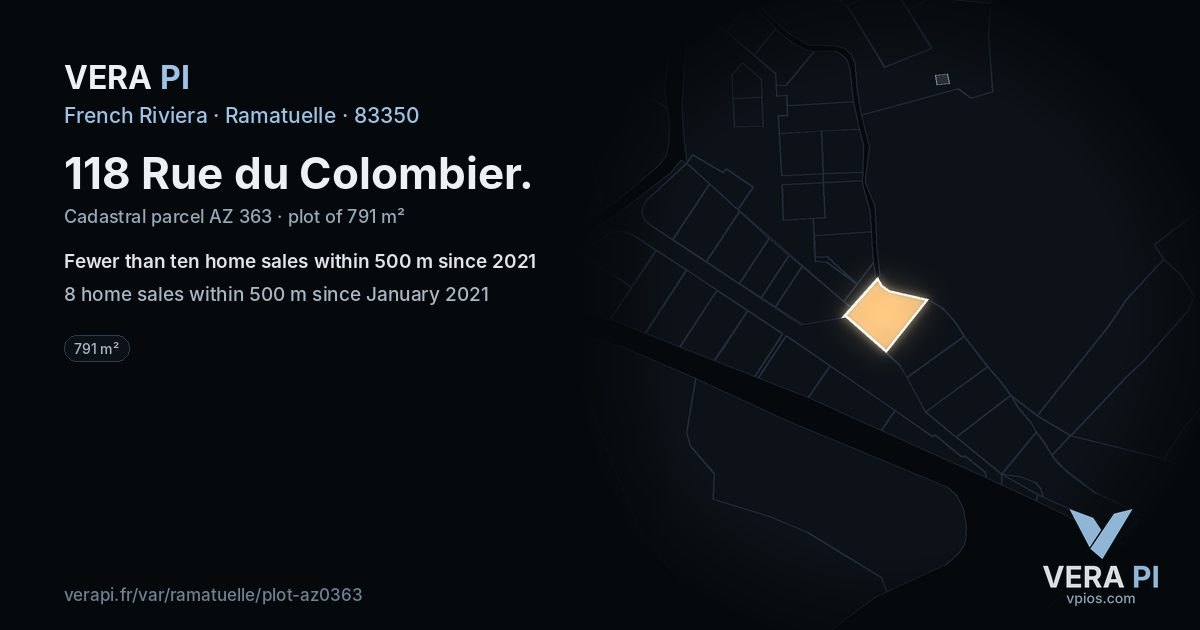 118 Rue du Colombier, Ramatuelle at night – the plot lit, the parcels around coloured by the prices near them