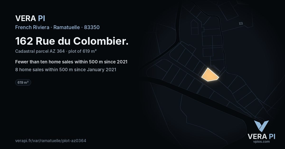 162 Rue du Colombier, Ramatuelle at night – the plot lit, the parcels around coloured by the prices near them