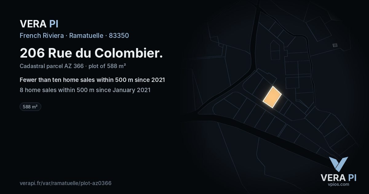 206 Rue du Colombier, Ramatuelle at night – the plot lit, the parcels around coloured by the prices near them