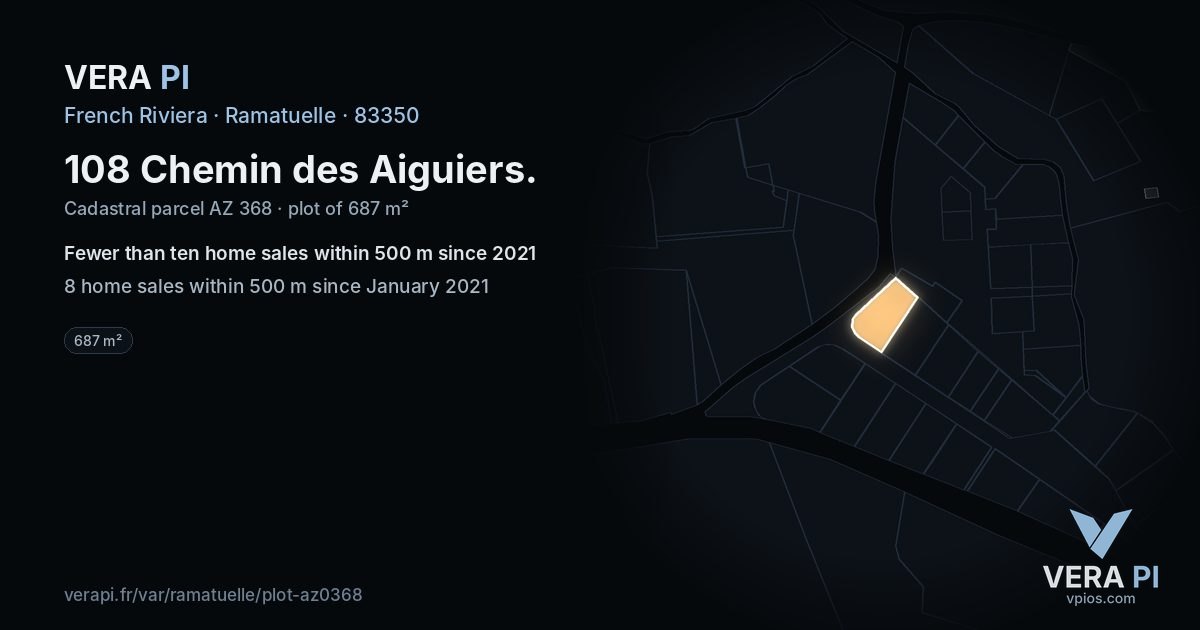 108 Chemin des Aiguiers, Ramatuelle at night – the plot lit, the parcels around coloured by the prices near them