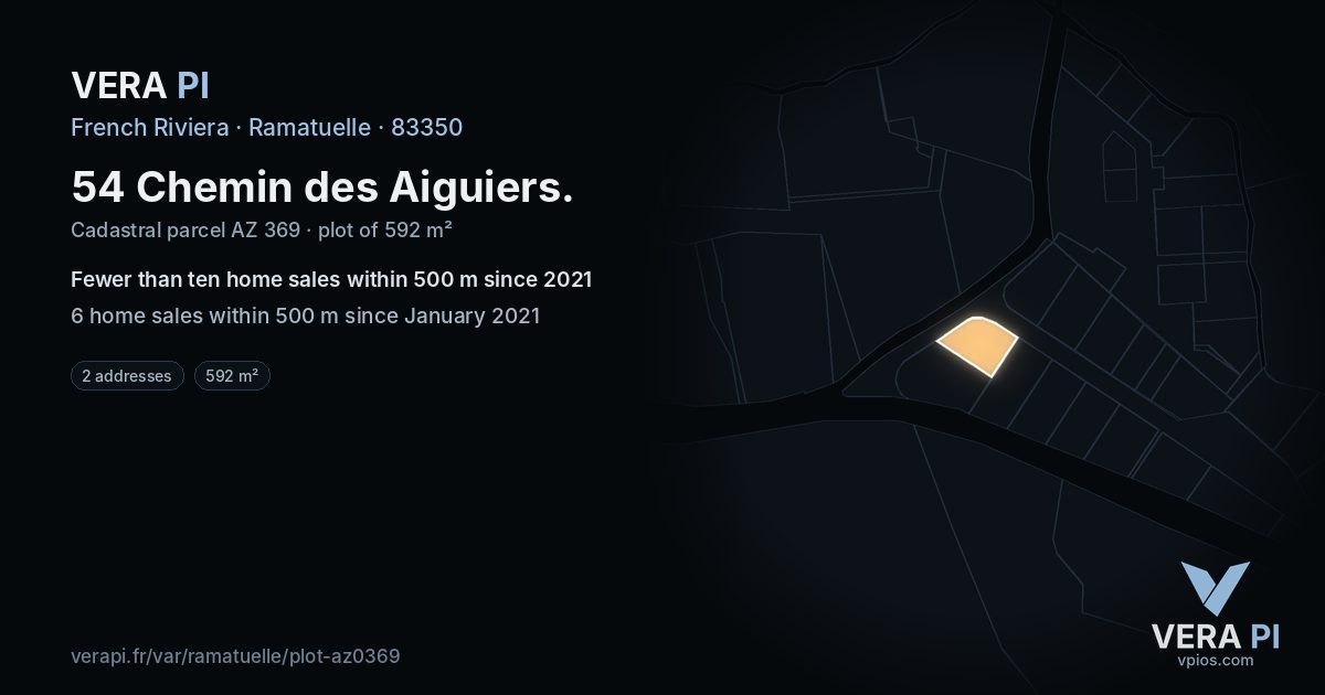 54 Chemin des Aiguiers, Ramatuelle at night – the plot lit, the parcels around coloured by the prices near them