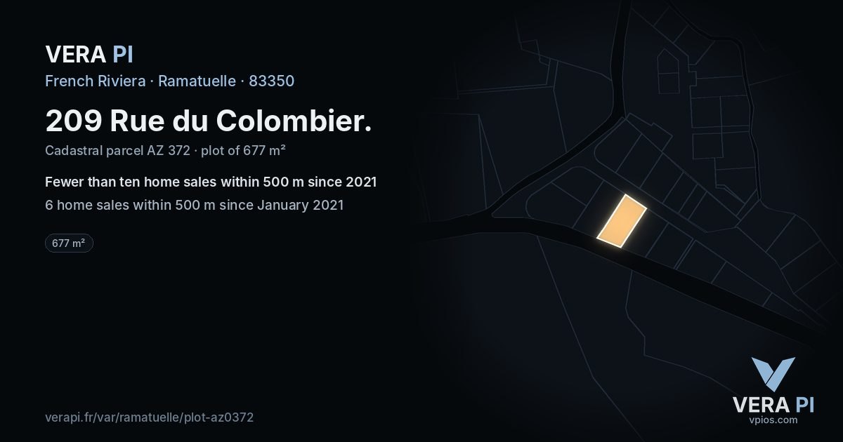 209 Rue du Colombier, Ramatuelle at night – the plot lit, the parcels around coloured by the prices near them