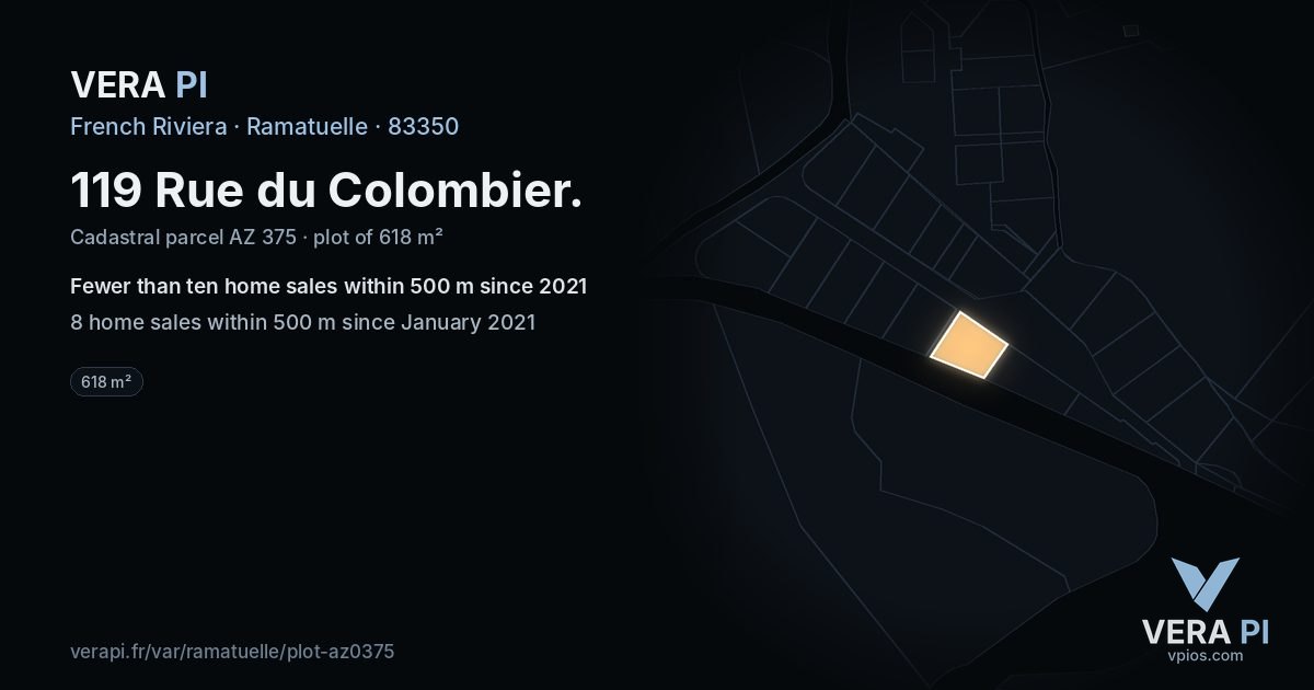 119 Rue du Colombier, Ramatuelle at night – the plot lit, the parcels around coloured by the prices near them