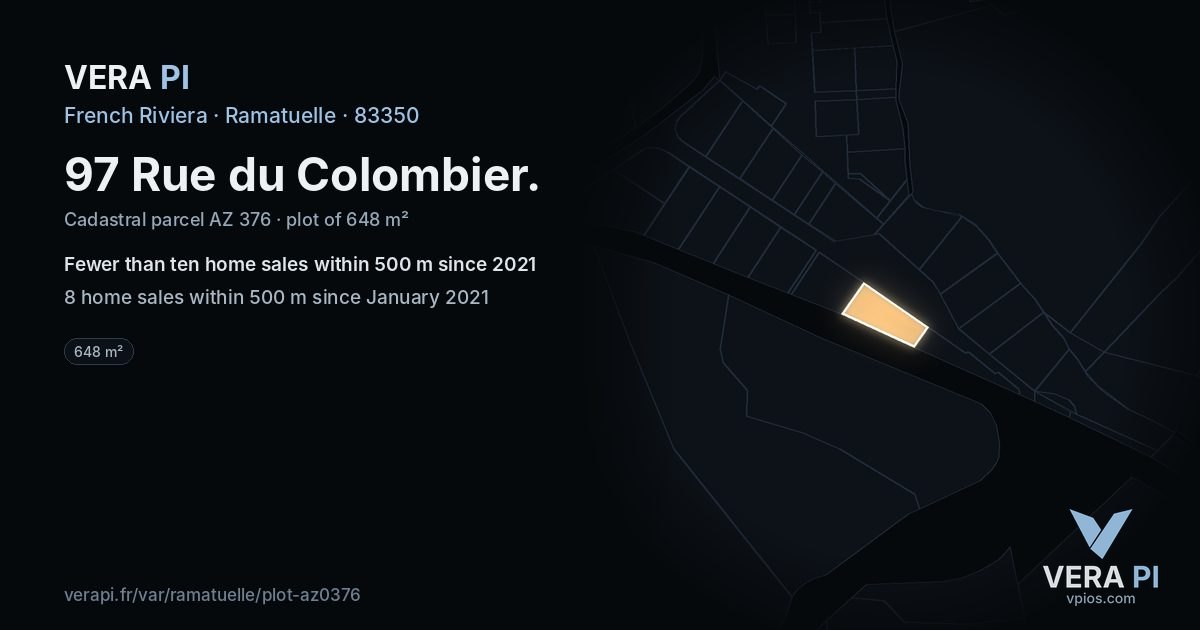 97 Rue du Colombier, Ramatuelle at night – the plot lit, the parcels around coloured by the prices near them