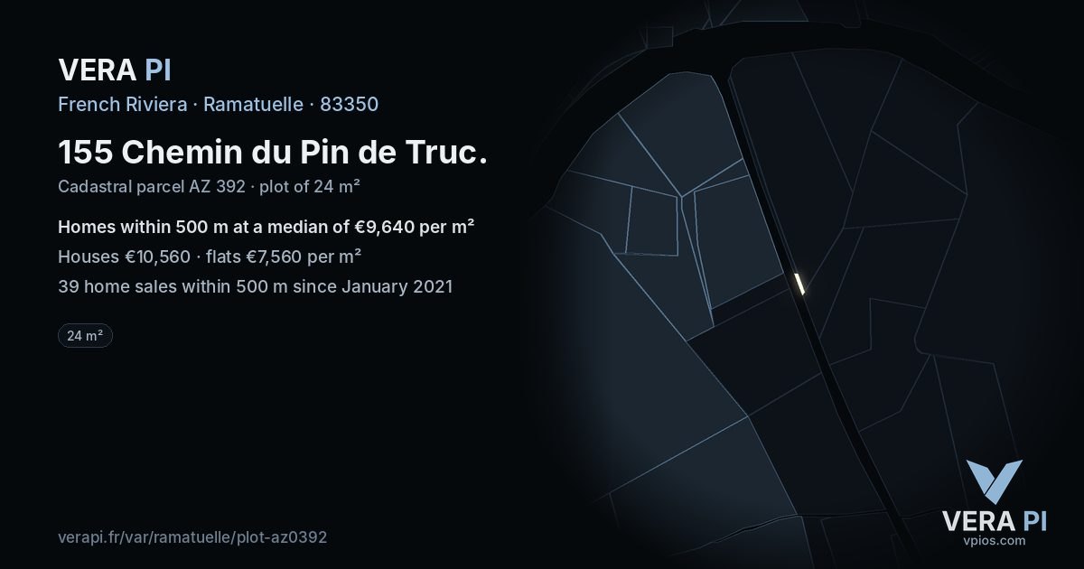 155 Chemin du Pin de Truc, Ramatuelle at night – the plot lit, the parcels around coloured by the prices near them