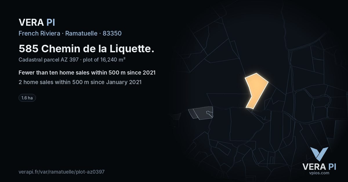 585 Chemin de la Liquette, Ramatuelle at night – the plot lit, the parcels around coloured by the prices near them