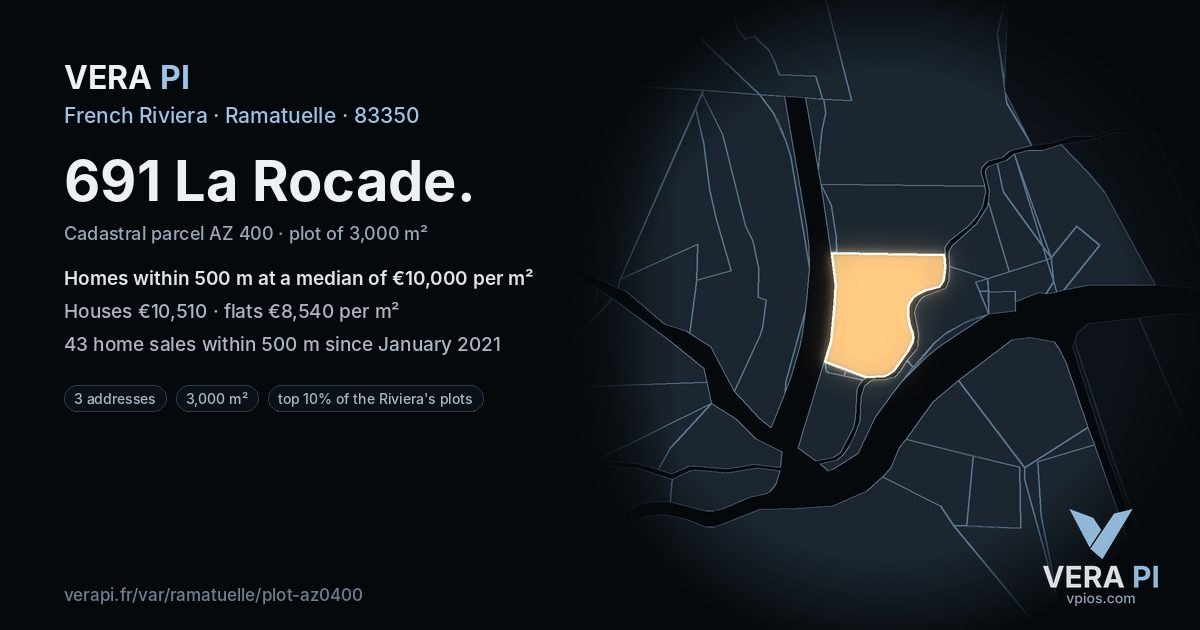 691 La Rocade, Ramatuelle at night – the plot lit, the parcels around coloured by the prices near them