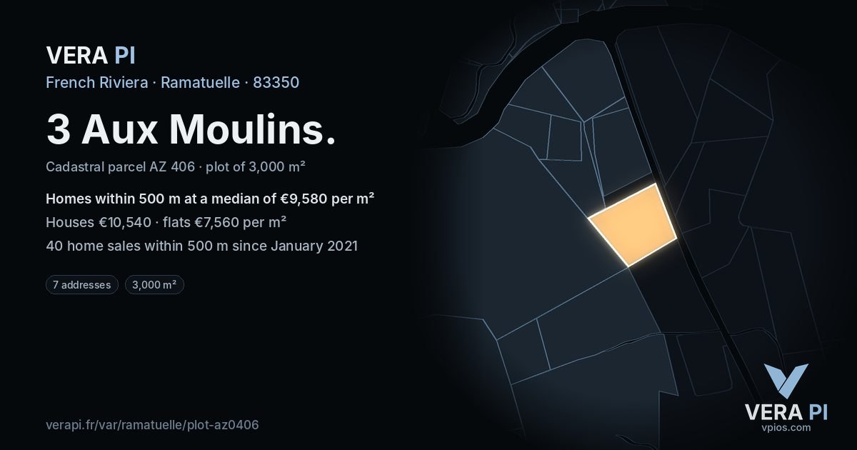 3 Aux Moulins, Ramatuelle at night – the plot lit, the parcels around coloured by the prices near them