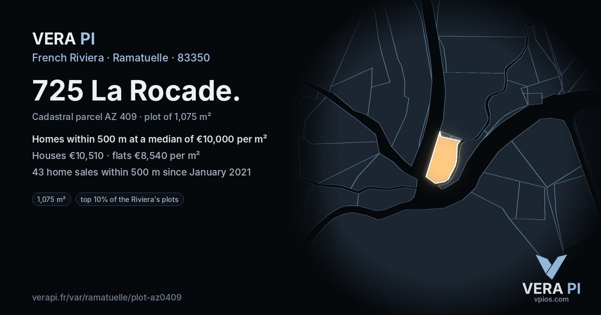 725 La Rocade, Ramatuelle at night – the plot lit, the parcels around coloured by the prices near them